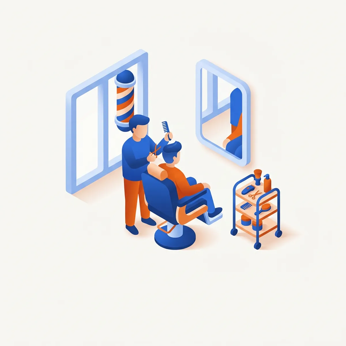 Isometric illustration of a barber cutting a client's hair