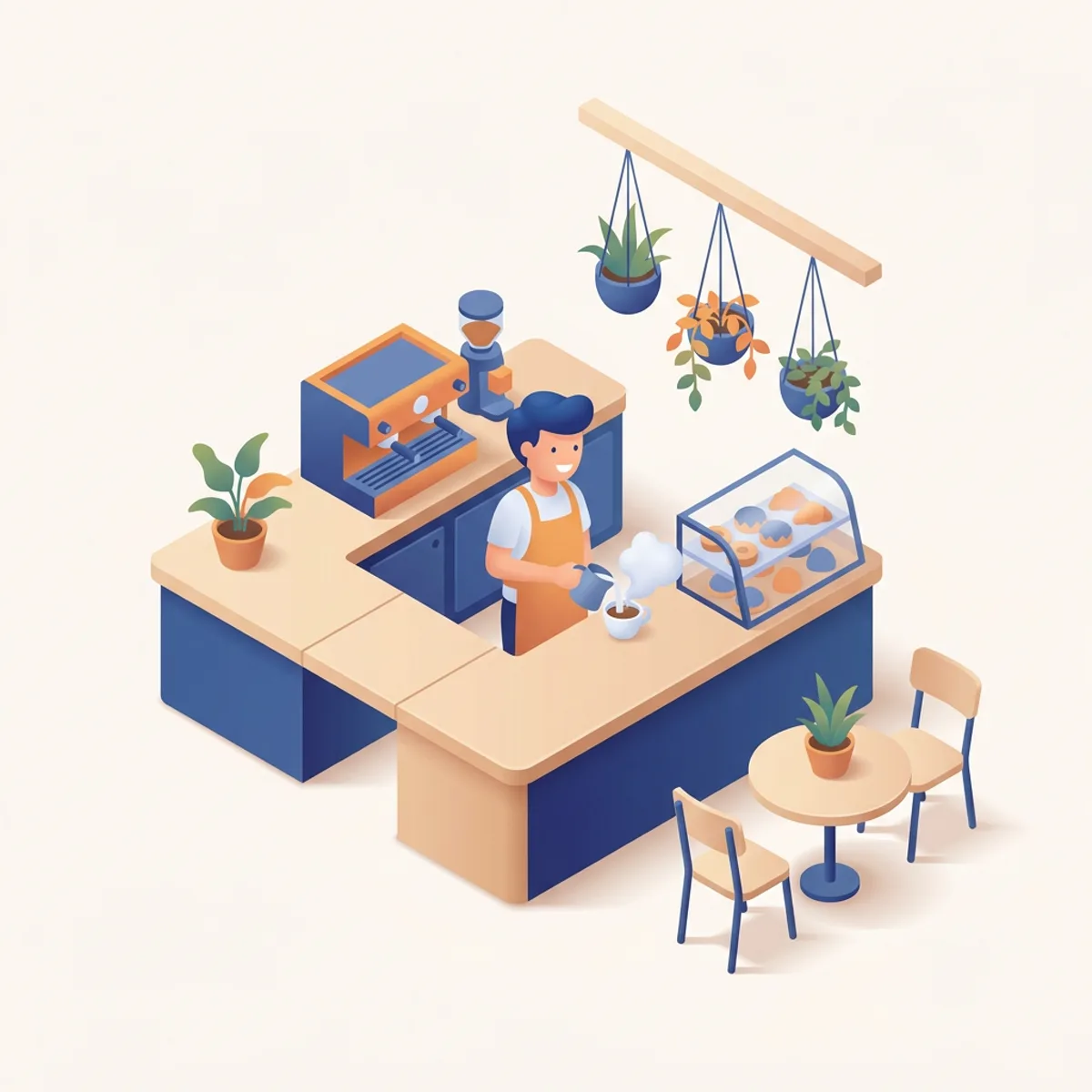 Isometric illustration of a barista steaming milk behind an espresso bar