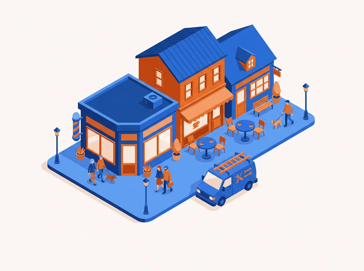 Isometric illustration of a small-town main street with a barbershop, coffee shop, and plumber's van