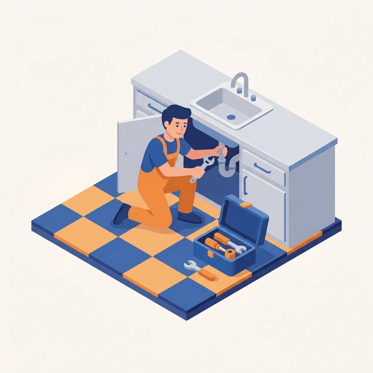 Isometric illustration of a plumber fixing pipes under a sink